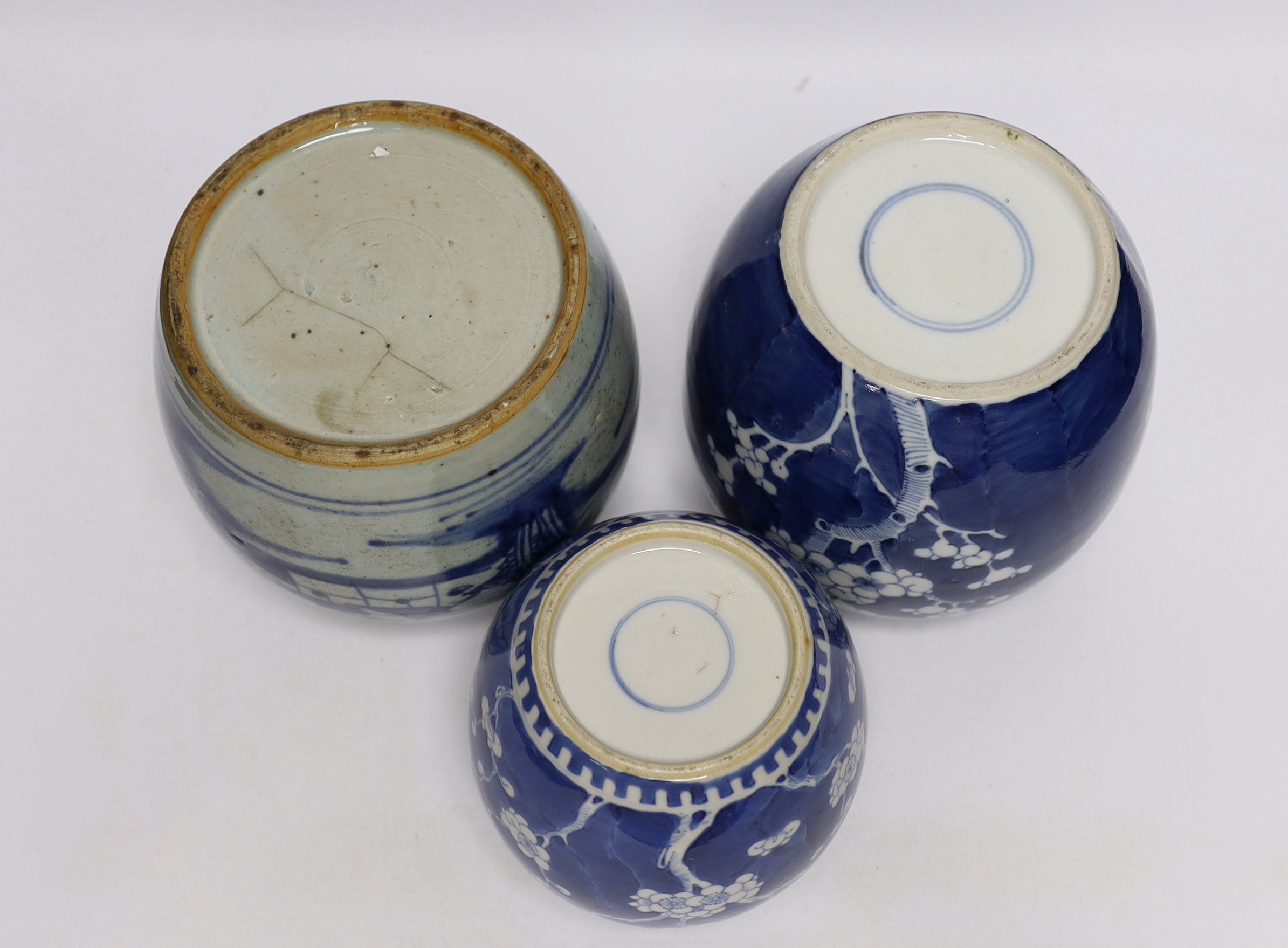 A collection of Chinese blue and white ginger jars including seven prunus flower examples, largest 18cm high